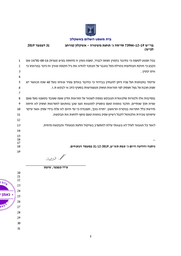 הבקשה לפתיחת בית העסק מחדש נדחתה למרות יצוג של עו"ד פלילי אסף דוק